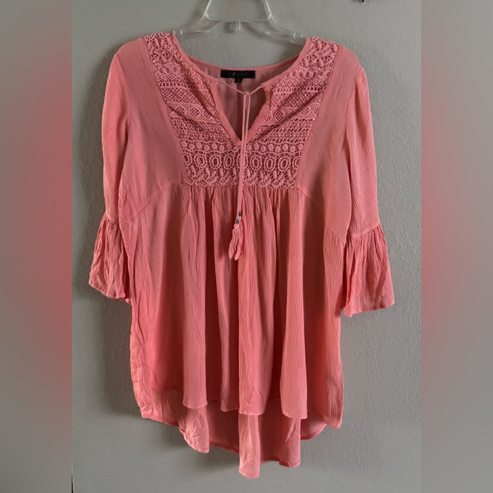 Women's Coral Boho Blouse Lace Tassel Tie 3/4 Slit Sleeves w Tie Size Medium Top